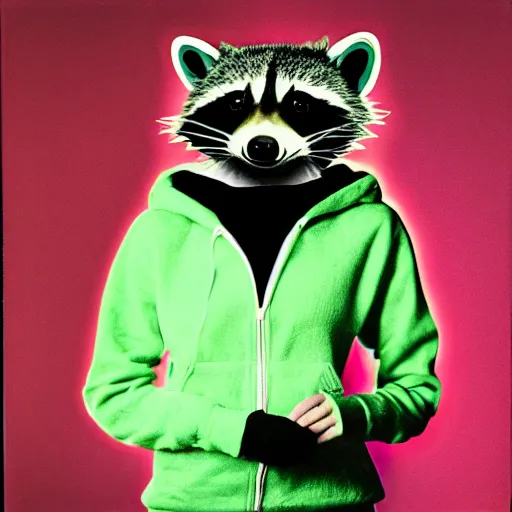 Image similar to medium shot, photo of a girl in a detailed hyperrealistic raccoon mask, wearing a green hoodie, holding a vinyl record, 8 0 - s fashion, polaroid photo, by warhol,