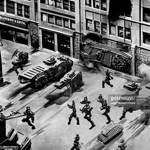 Prompt: Epic shootout between Soviet and American troops on the streets of New York, powerful explosions, futuristic style, super detail of each object,