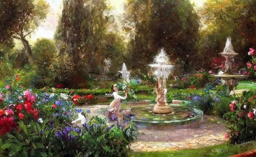 Image similar to Beautiful garden, next to a fountain and a mystical palace. By Konstantin Razumov, horror scene, highly detailded