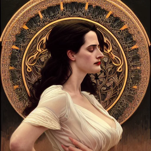 Prompt: beautiful detailed picture of eva green, fully clothed, radiant light, art nouveau, intricate, elegant, highly detailed, symmetrical face, my rendition, digital painting, artstation, concept art, smooth, sharp focus, illustration, art by artgerm and greg rutkowski and alphonse mucha