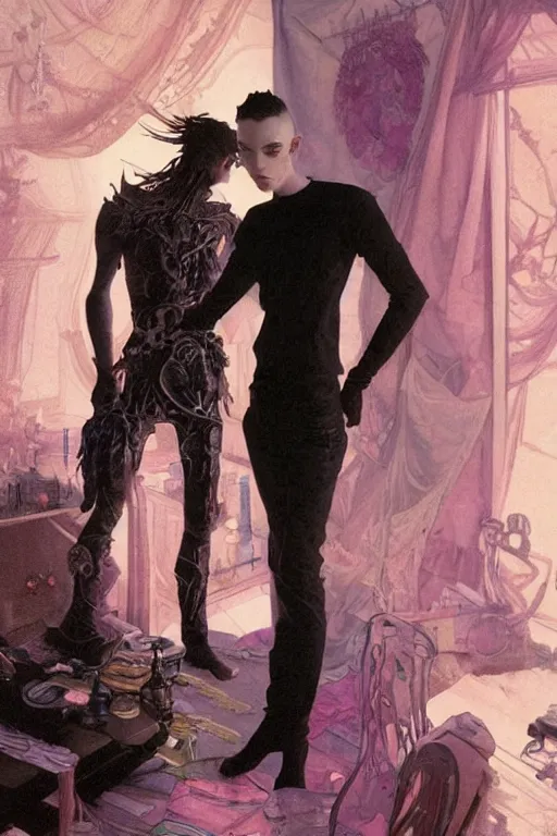 Image similar to a skinny goth guy standing in a cluttered 9 0 s bedroom, full body character concept art, vaporwave colors, intricate, elegant, highly detailed, digital painting, artstation, concept art, smooth, sharp focus, illustration, art by artgerm and greg rutkowski, and alphonse mucha