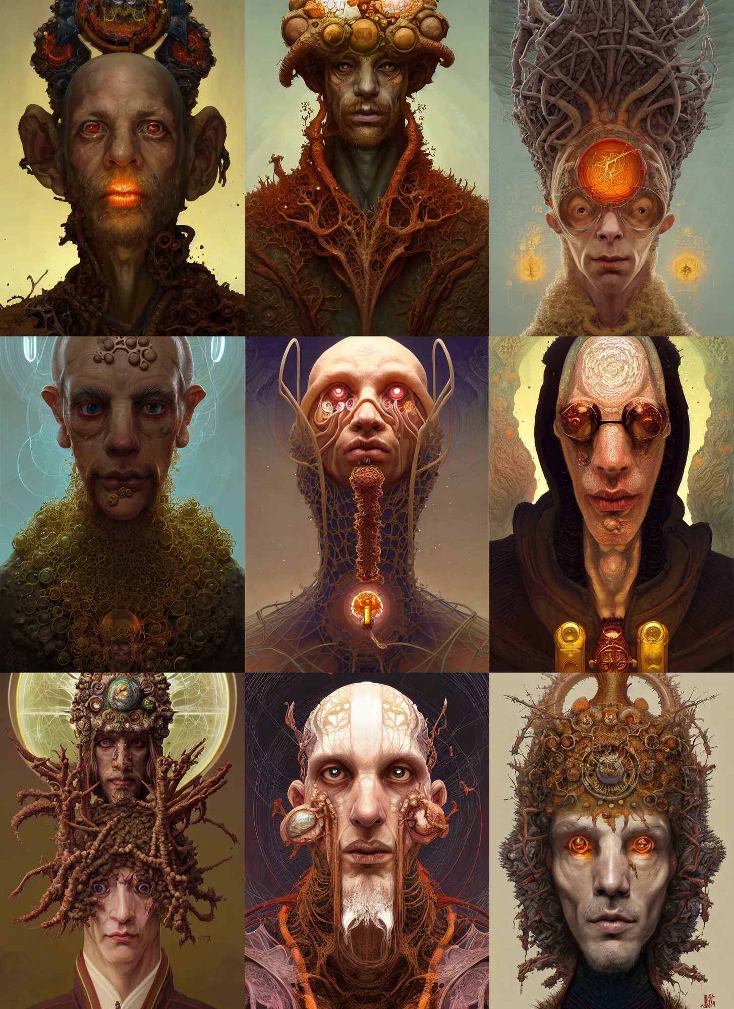 Prompt: symmetry!! rpg! portrait of a weird! fungus priest, intricate, highly detailed, digital painting, artstation, concept art, smooth, sharp focus, illustration, art by yoann lossel and john currin and aaron jasinski and ivan albright and hsiao - ron cheng, 8 k