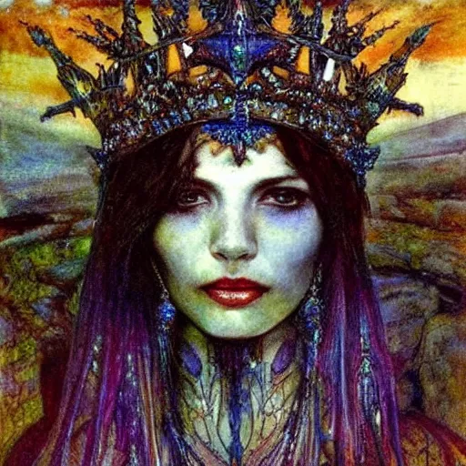 Image similar to the crystal crown, by Luis Royo Annie Swynnerton and Nicholas Roerich and Diego Rivera, tattooed bioluminescent skin, elaborate costume, geometric ornament, symbolist, rich color, dramatic cinematic lighting, smooth, sharp focus, extremely detailed