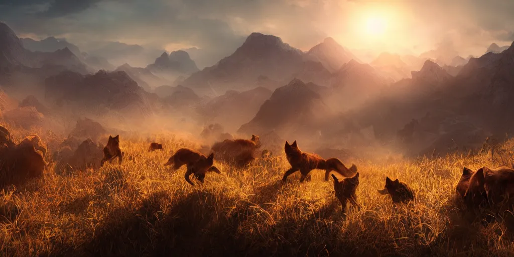 Prompt: troops of cats over the mountains in the sunset, superwide angle, redscale photography, light through the mist, dramatic lighting, photorealistic, cinematic lighting, high detail, cinematic feel, high octane, 4K, Unreal Engine, digital render, intricate, ultra realistic, concept art