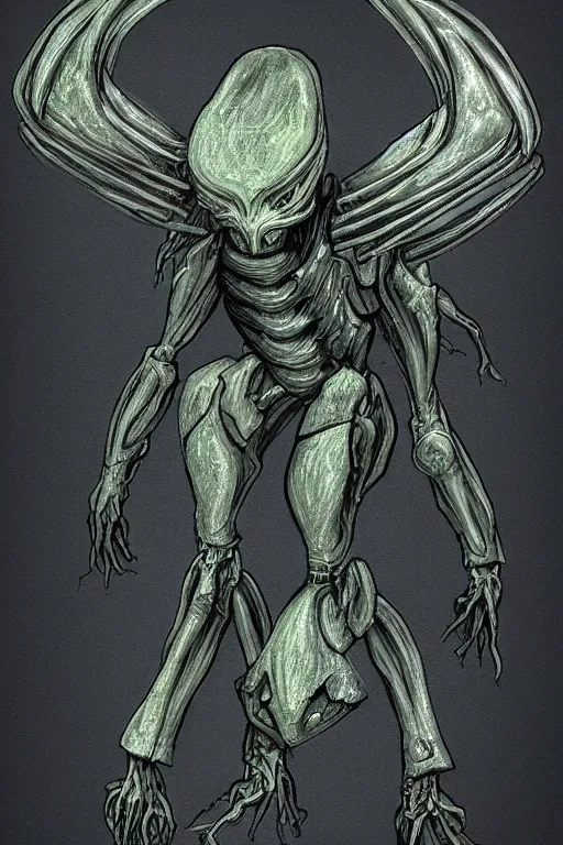 Image similar to a semi-humanoid alien creature that has armor-like shell on it's arms and feet, digital art