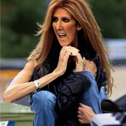 Prompt: celine dion crying, outside in dumpster lot