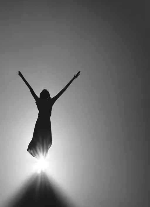 Image similar to female ascending into the sky, glowing aura, motion blur, out of focus, film grain, cinematic lighting, experimental film, shot on 1 6 mm, crepuscular rays