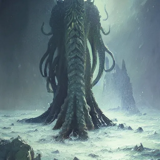 Image similar to Ph'nglui mglw'nafh Cthulhu R'lyeh wgah'nagl fhtagn | painting by Greg Rutkowski