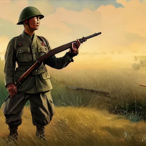 Image similar to a Japanese soldier from WW2 holding a rifle, standing in a field, high detail digital painting by Karl Kopinski and Frank Frazetta, trending on artstation, masterpiece, 4k wallpaper