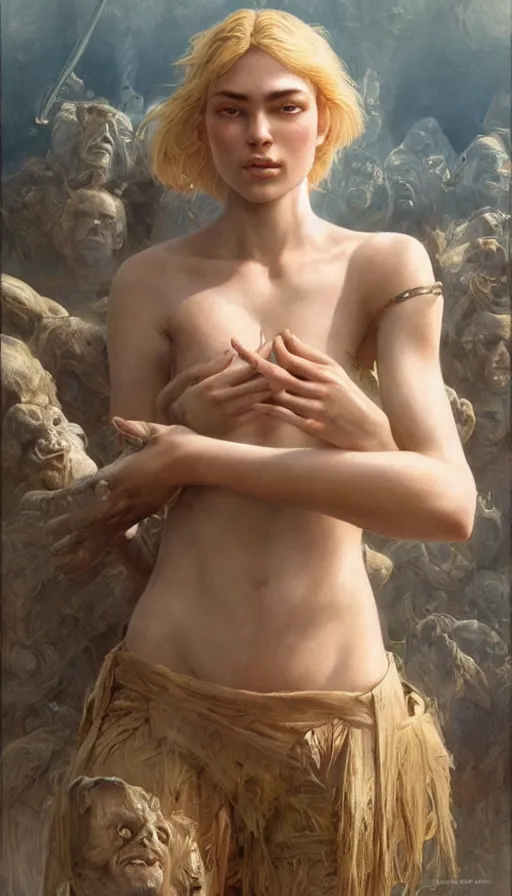 Prompt: epic masterpiece mila jovovic, sweaty skin, hyperrealistic, octane render, cinematic, beautiful face and flawless skin, perfect hands, 5 fingers, by Edgar Maxence and Ross Tran and Michael Whelan, Legends of Runeterra