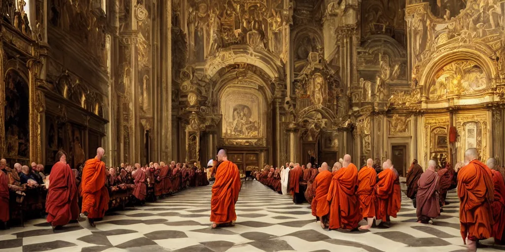 Image similar to beautiful oil matte portrait painting, monks holding a church ceremony inside a baroque cathedral, wonderful masterpiece highly detailed, beautiful cinematic light deep focus, elegant, digital painting, smooth, sharp focus, golden ratio, dramatic illumination, ultra realistic, 8 k, art by giovanni bellini and caravaggio