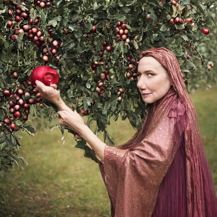 Image similar to a closeup portrait of a woman wearing a cloak made of tangled iridescent ribbon, picking pomegranates from a tree in an orchard, foggy, moody, photograph, by vincent desiderio, canon eos c 3 0 0, ƒ 1. 8, 3 5 mm, 8 k, medium - format print