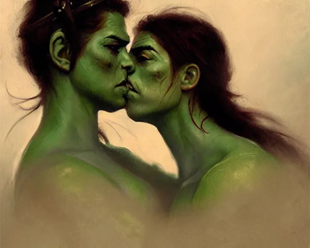 Prompt: romantic fantasy oil painting portrait of two female orc warriors kissing, wearing leather armor, their skin is green. fantasy art by greg rutkowski and john singer sargent