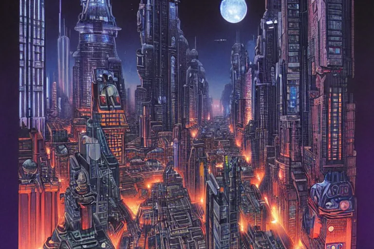 Image similar to a scifi illustration, Night City on Coruscant by joe jusko