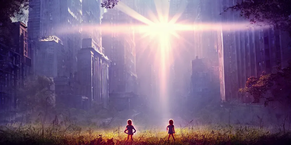 Image similar to textless sci - fi scene future overgrown new york city street, little girl alone in manhattan holding the left hand of giant robot, forest punk, crepuscular rays, epic scene, hyper realistic, photo realistic, overgrowth, cinematic atmosphere, ethereal lighting,