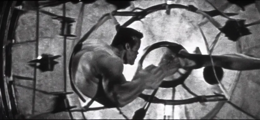 Image similar to film still of arnold schwarzenegger in the pit and the pendulum ( 1 9 6 1 ), pathecolor, 4 0 mm panavision wide - angle lens