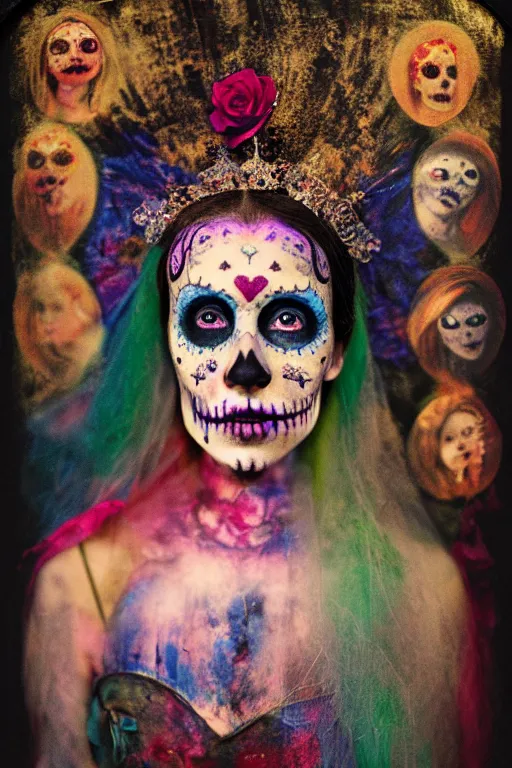 Prompt: color separation process, tintype virgin mary in dia de muertos dress and make up, horrific beautiful vibe, evocative, atmospheric lighting, painted, intricate, highly detailed, leesha hannigan, wayne haag, reyna rochin, ignacio fernandez rios, mark ryden, iris van herpen, stunning, gorgeous, sharp focus, cinematic, masterpiece