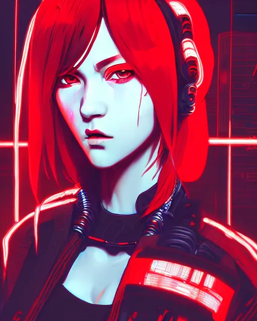 Image similar to a detailed potrait of a cyberpunk cyborg girl with black and red parts, fine - face, realistic shaded perfect face, detailed. night setting. very anime style. realistic shaded lighting poster by ilya kuvshinov katsuhiro, unreal engine, global illumination, radiant light, detailed and intricate environment