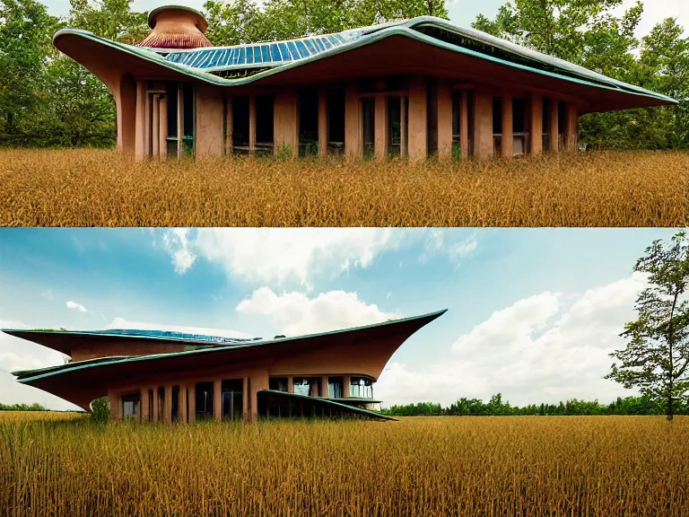 Prompt: hyperrealism vibrant solarpunk design by frank lloyd wright and kenzo tange and hayao miyazaki and scott photography of beautiful detailed small solarpunk house with many details, situated in small detailed ukrainian village wheat field behind the house, around the forest volumetric natural light