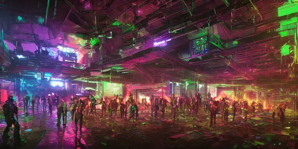 Image similar to a cyberpunk rave in a indoor football stadium, background scene from the old city of babylon, concept art, ultra realistic, 8 k, painting, highly detailed, sci - ci, neon, rain, guns, firearms, robbery, a police car burning