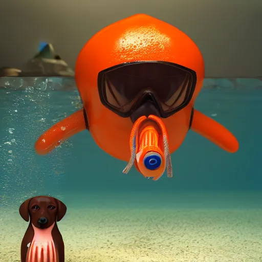 Prompt: lifeguard chocolate lab, 3 d model, hyperealistic, cartoony, 4 k, ultra quality, orange scuba mask, under the sea, murky lighting, angler fish lurking in the background, artstation, unreal engine