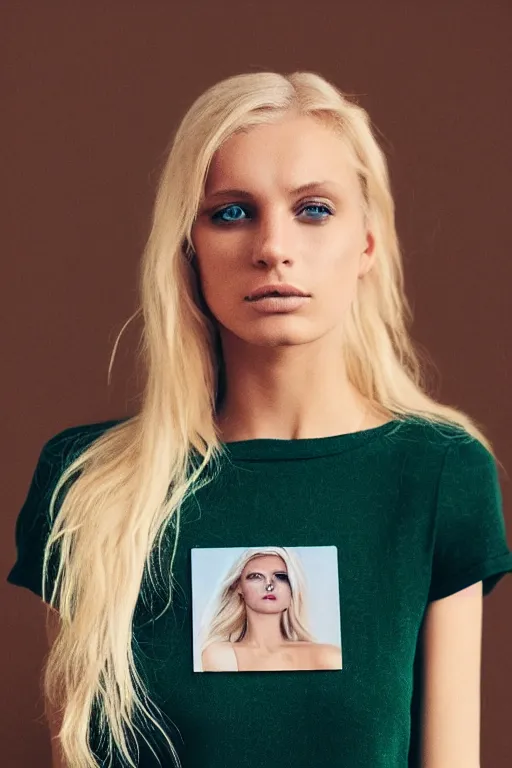 Image similar to polaroid of a olive skinned blonde female model in her twenties, m, wearing a designer top, looking content, focused on her neck, photo realistic, extreme detail skin, natural beauty, no filter, slr, golden hour, 4 k, high definition, selfie