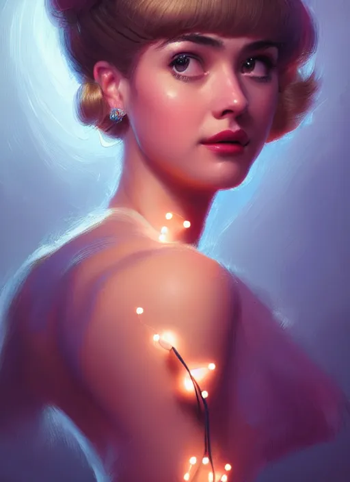 Image similar to portrait of betty cooper with fluffy bangs, bangs, 1 9 6 0 s, ponytail, curly bangs and ponytail, rounder face, intricate, elegant, glowing lights, highly detailed, digital painting, artstation, concept art, smooth, sharp focus, illustration, art by wlop, mars ravelo and greg rutkowski