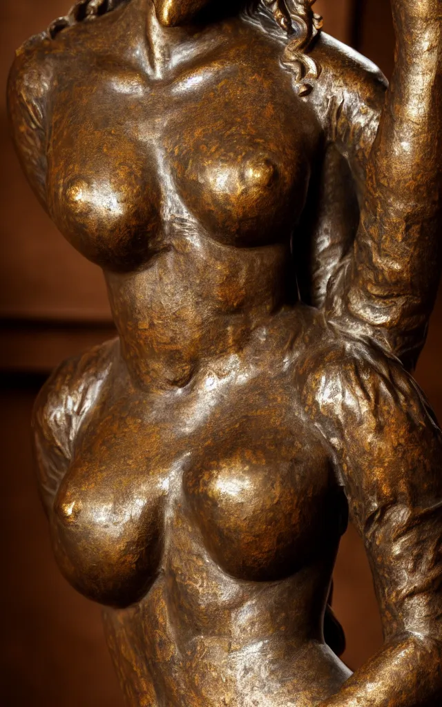 Image similar to detailed photo of old bronze patina statue of seductive gorgeous girl, super highly detailed, full body view, various poses, in the room of an ancient castel, photorealism, intricate detail, museum diffuse lighting, autumn sunlights