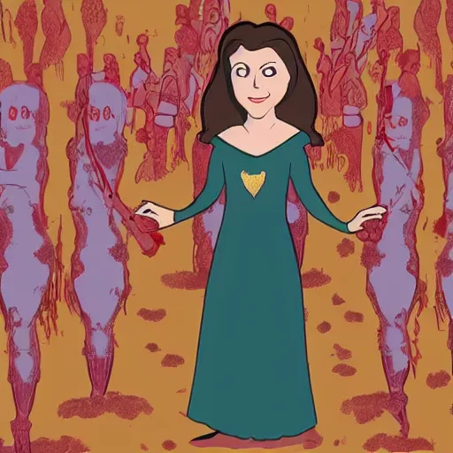 Prompt: rachel bloom as an animated princess looking at a jesus statue covered in bloody severed hands, set in a medieval world, digital art