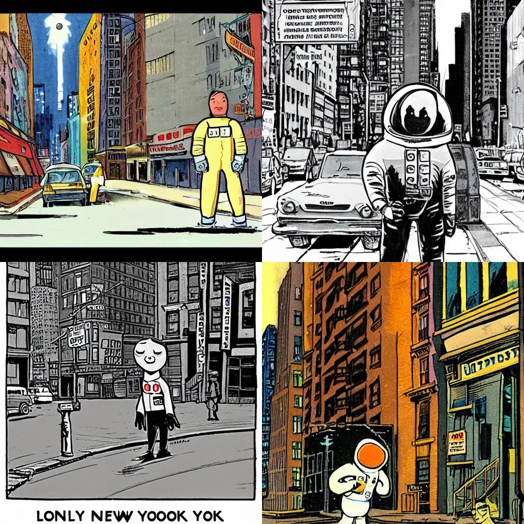 Prompt: lonely astronaut in the middle of new york city street, Will Eisner