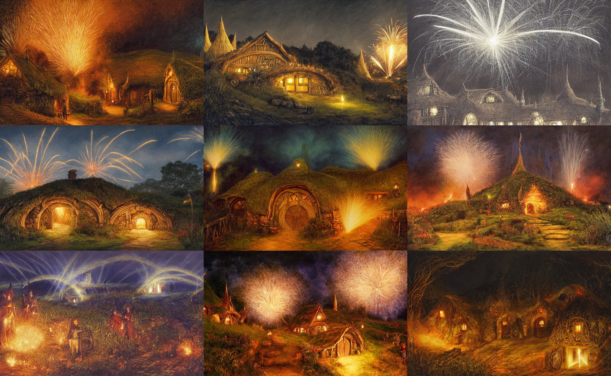 Prompt: hobbiton at night along a path between hobbit holes, gandalf lights a large firework, by alan lee, intricate, firework smoke trails, artstation, oil painting.