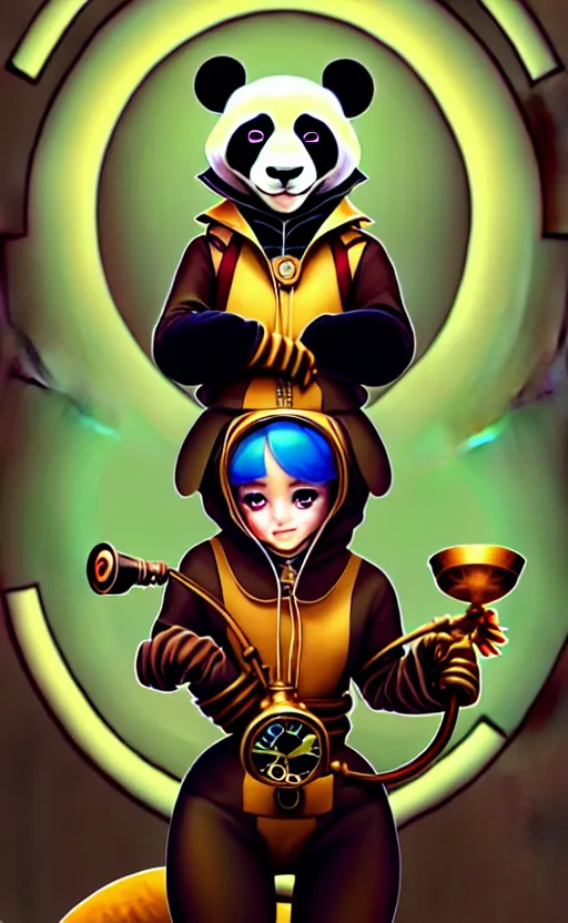 Image similar to don bluth, loish, artgerm, joshua middleton, steampunk, clockpunk anthropomorphic panda, full sailor suit, symmetrical eyes symmetrical face, colorful animation forest background