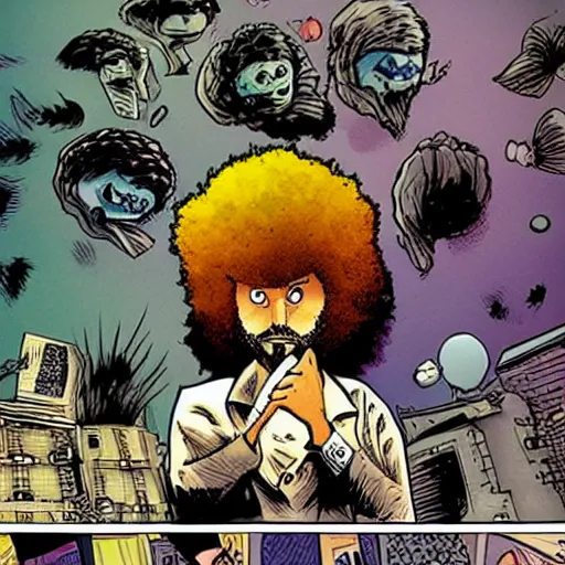 Image similar to comic book art in the style of bob ross and tim burton