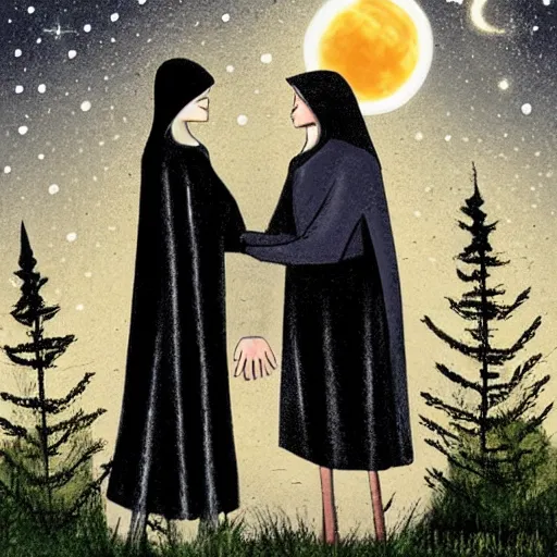 Prompt: a tall goth brunette woman in a black hooded cloak, standing beside a short butch blonde tomboy woman engineer, in a garden at night, soft and romantic, illustration, highly detailed, dark muted colors, constellations