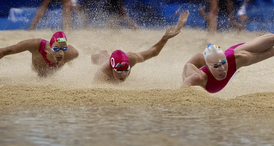 Image similar to olympic swimming in sand instead of water, extremely coherent, motion blur