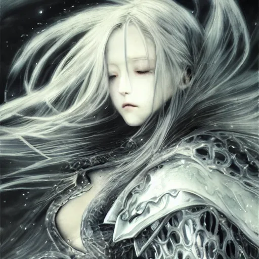 Image similar to yoshitaka amano blurred and dreamy realistic illustration of an anime girl with wavy white hair and cracks on her face wearing elden ring armor with the cape fluttering in the wind, abstract black and white patterns on the background, noisy film grain effect, highly detailed, renaissance oil painting, weird portrait angle