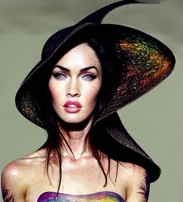 Image similar to photography facial portrait of megan fox, natural background, natural pose, wearing a stunning hat by iris van herpen, with a subtle colorfull - makeup. highly detailed, skin grain detail, photography by paolo roversi, nick knight, helmut newton, avedon, araki