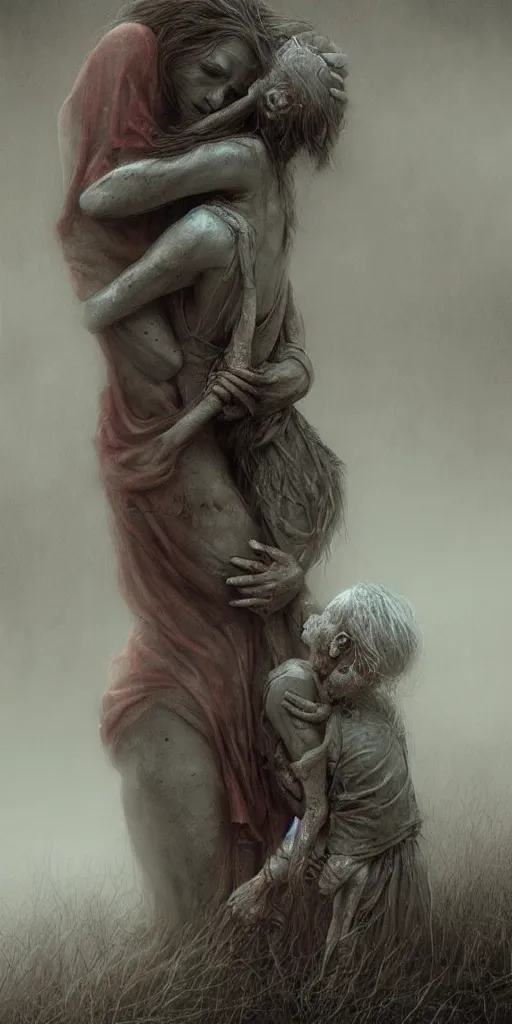 Image similar to death child and women hugging, in the style of keith thompson and zdzislaw beksinski, artstation hd, 8 k, surrealistic digital artwork, post apocalyptic street