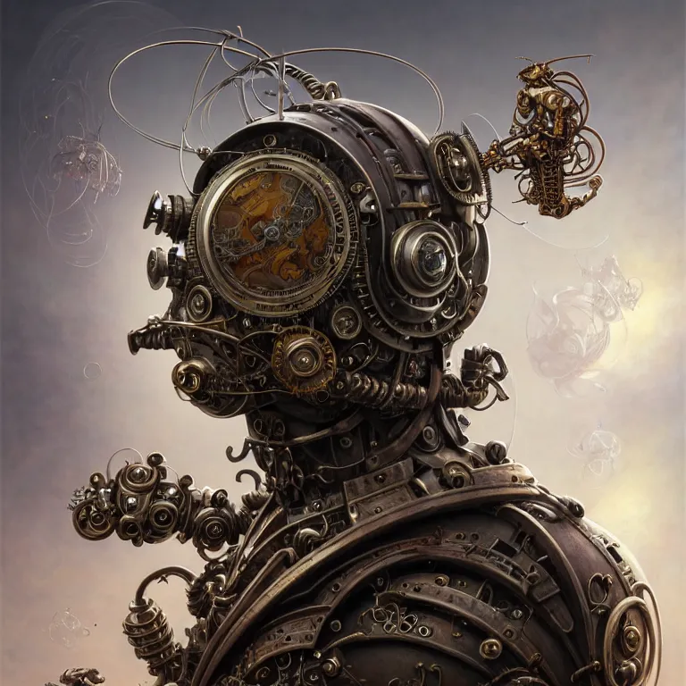 Image similar to portrait shot of a steampunk robot bug, unreal engine realistic render, 8 k, micro detail, intricate, elegant, highly detailed, centered, digital painting, artstation, smooth, sharp focus, illustration, artgerm, tomasz alen kopera, peter mohrbacher, donato giancola, joseph christian leyendecker, wlop, boris vallejo