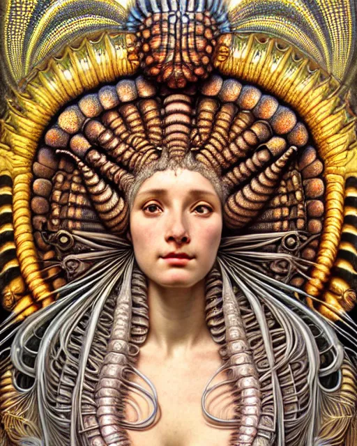 Image similar to hyperrealistic detailed face portrait of the beautiful goddess of the giant isopods with an intricate golden ornamental geometrical fractal giant isopod masked headdress, art by ernst haeckel, john william godward, android jones, alphonso mucha, h. r. giger, gothic - cyberpunk, ornamental, dimmed pastel colours,