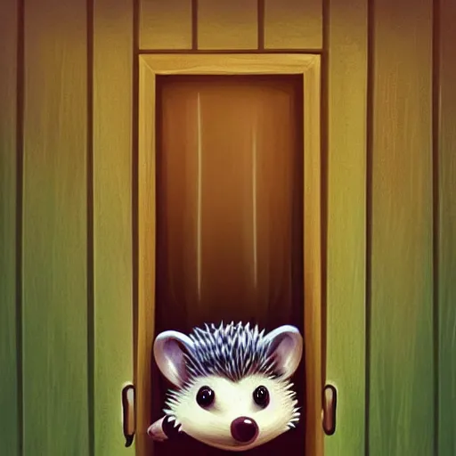 Image similar to cute adorable hedgehog opening the door, waving, smiling, cute, hedgehog, by cyril rolando