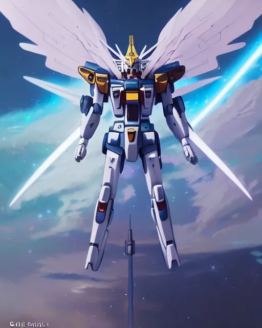 Image similar to highly detailed vfx portrait of an angelic gundam with wings of feathers beam saber fighting in space with a beam gun, unreal engine, greg rutkowski, loish, rhads, beeple, makoto shinkai and lois van baarle, ilya kuvshinov, rossdraws, tom bagshaw, alphonse mucha, global illumination, detailed and intricate environment