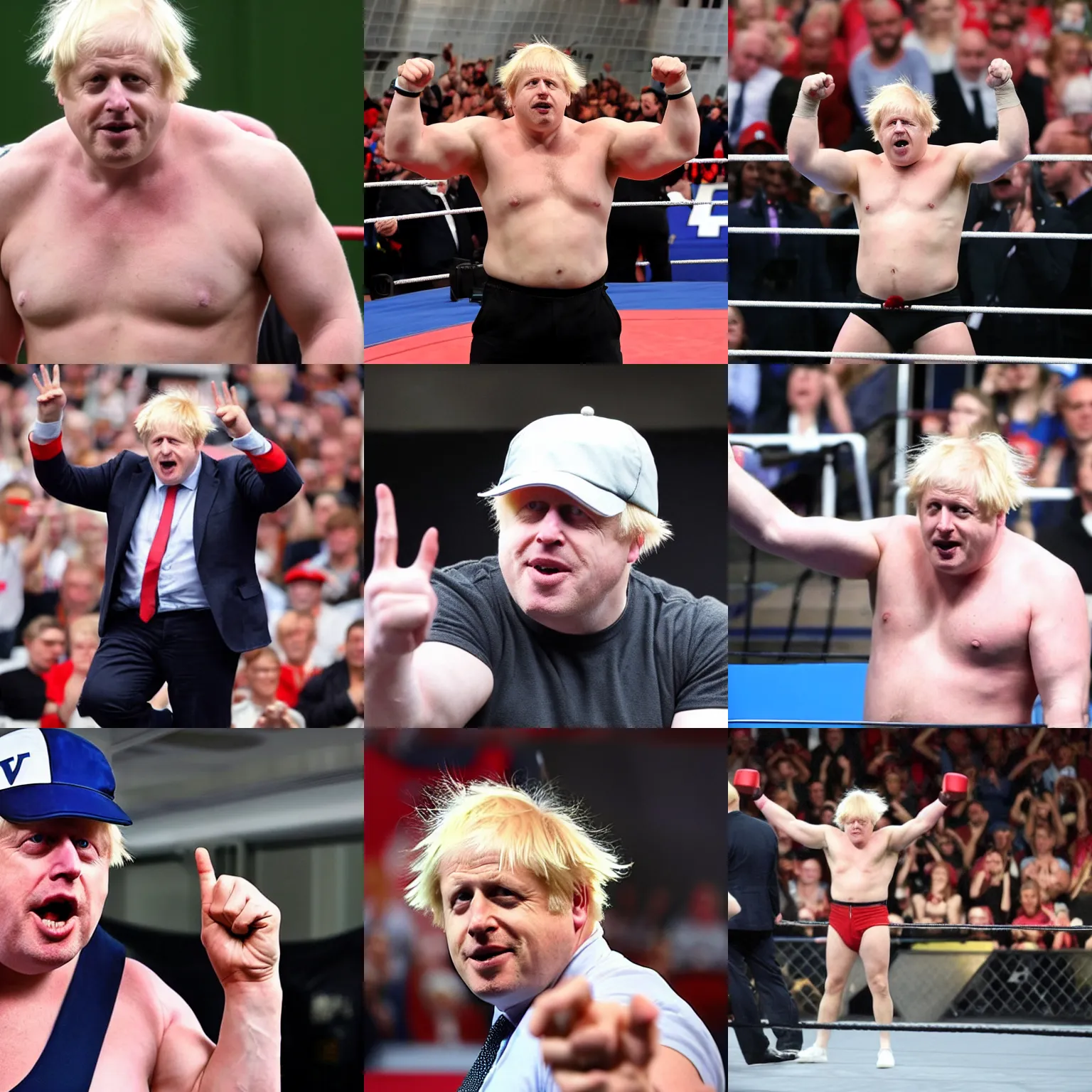 Prompt: boris johnson as a muscular wwe wrestler wearing a cap hat. he is angry and waving to the camera