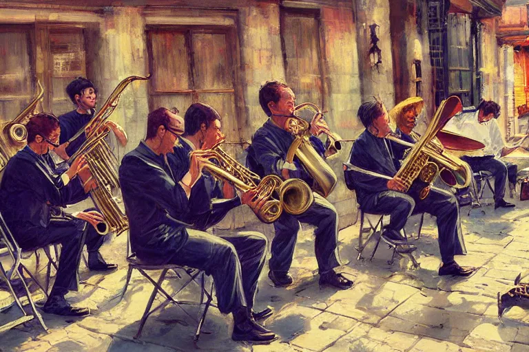 Prompt: a painting of a group of men playing instruments, a jazz band in new orleans, by rossdraws, wlop, greg rutkowski, ghibli