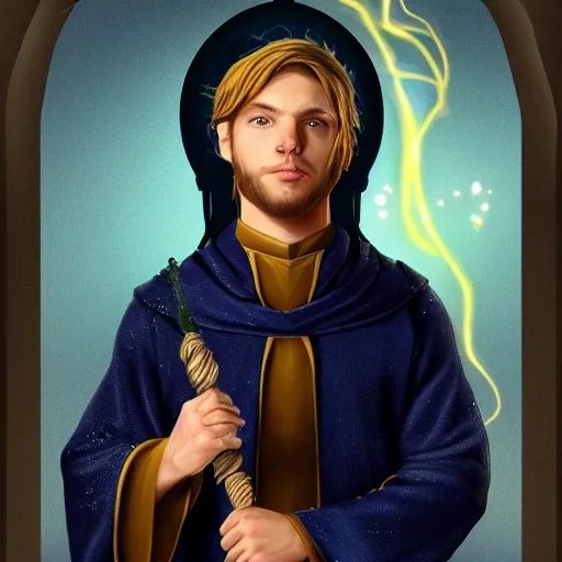 Prompt: A portrait of a young well kept wizard with a blonde ponytail in a navy blue robe with gold accents, he holds a staff of light with a bright crystal, medieval fantasy, digital art, trending on artstation