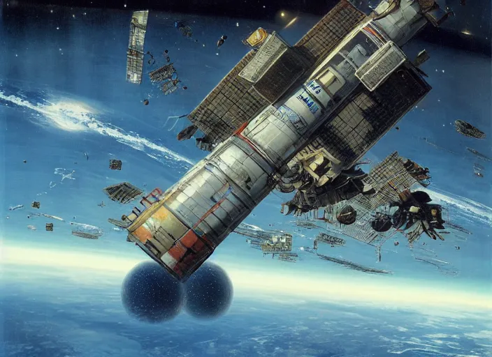 Image similar to abandoned space station drifting in empty space, matte painting, peter elson, chris foss
