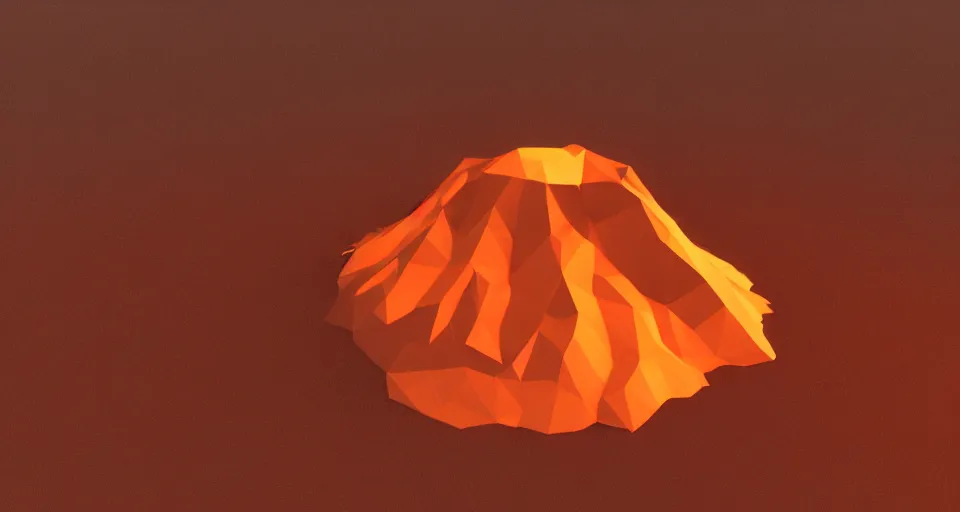 Image similar to low poly unity render of a volcano with glowing orange lava rolling down the side of it, low lighting