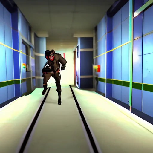 Image similar to the medic from TF2 running in an hospital corridor