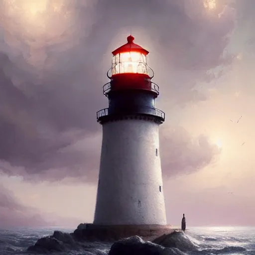 Image similar to a lighthouse standing on a cloud,digital art,realiatic,hyperdetailed,art by greg rutkowski,trevor henderson,photorealistic,mega realistic,surreal,fantasy