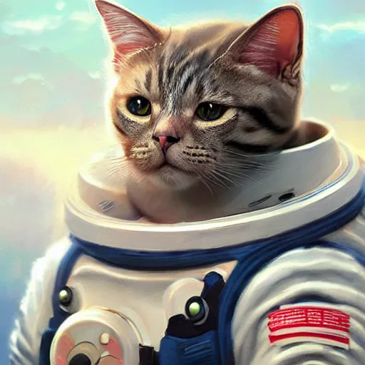 Prompt: head and shoulders masterpiece portrait of a cute adorable cat wearing a spacesuit, surreal background, digital art by krenz cushart, trending on artstation, cgsociety,